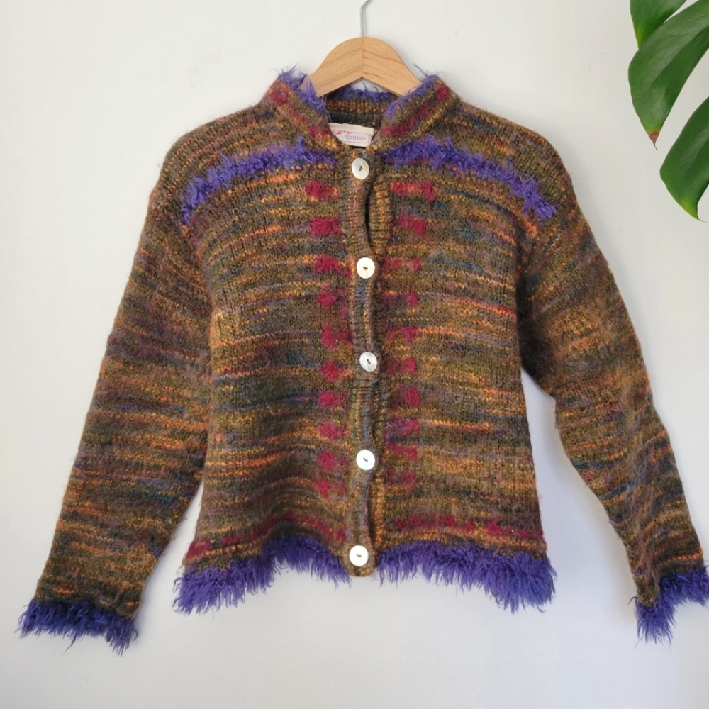 Vintage Irish wool sweater with mother of pearl buttons & colorful Fringe purple